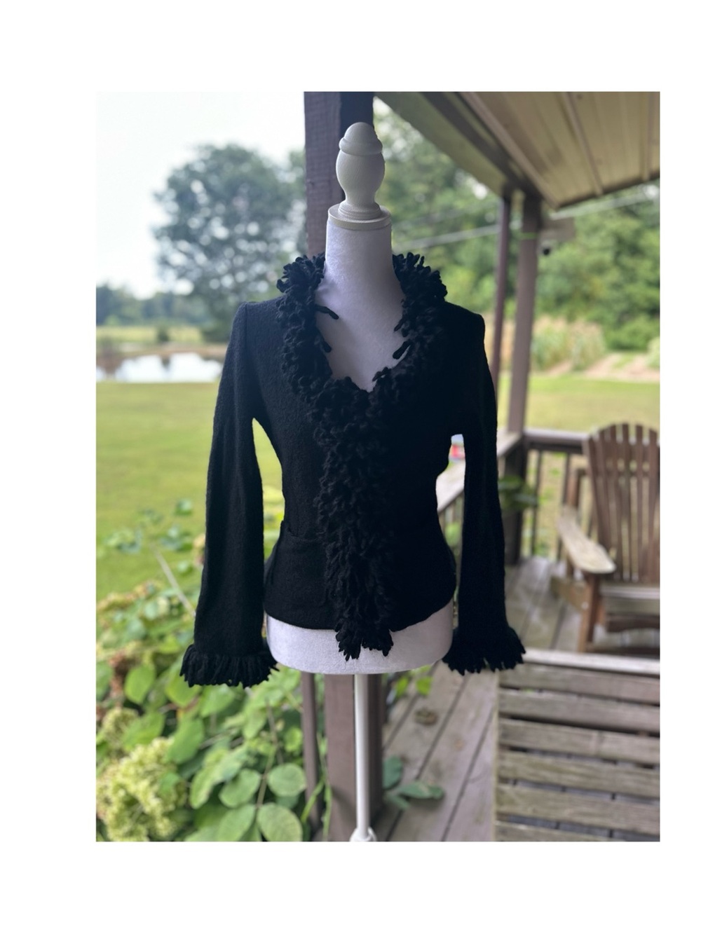 Clothes by Revue Vintage Women’s 100% Wool Black Ruffle Fringe Cardigan Jacket